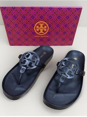 Tory Burch Miller Cloud Flip Flop Sandals size 9.5 Perfect Black Calf Leather